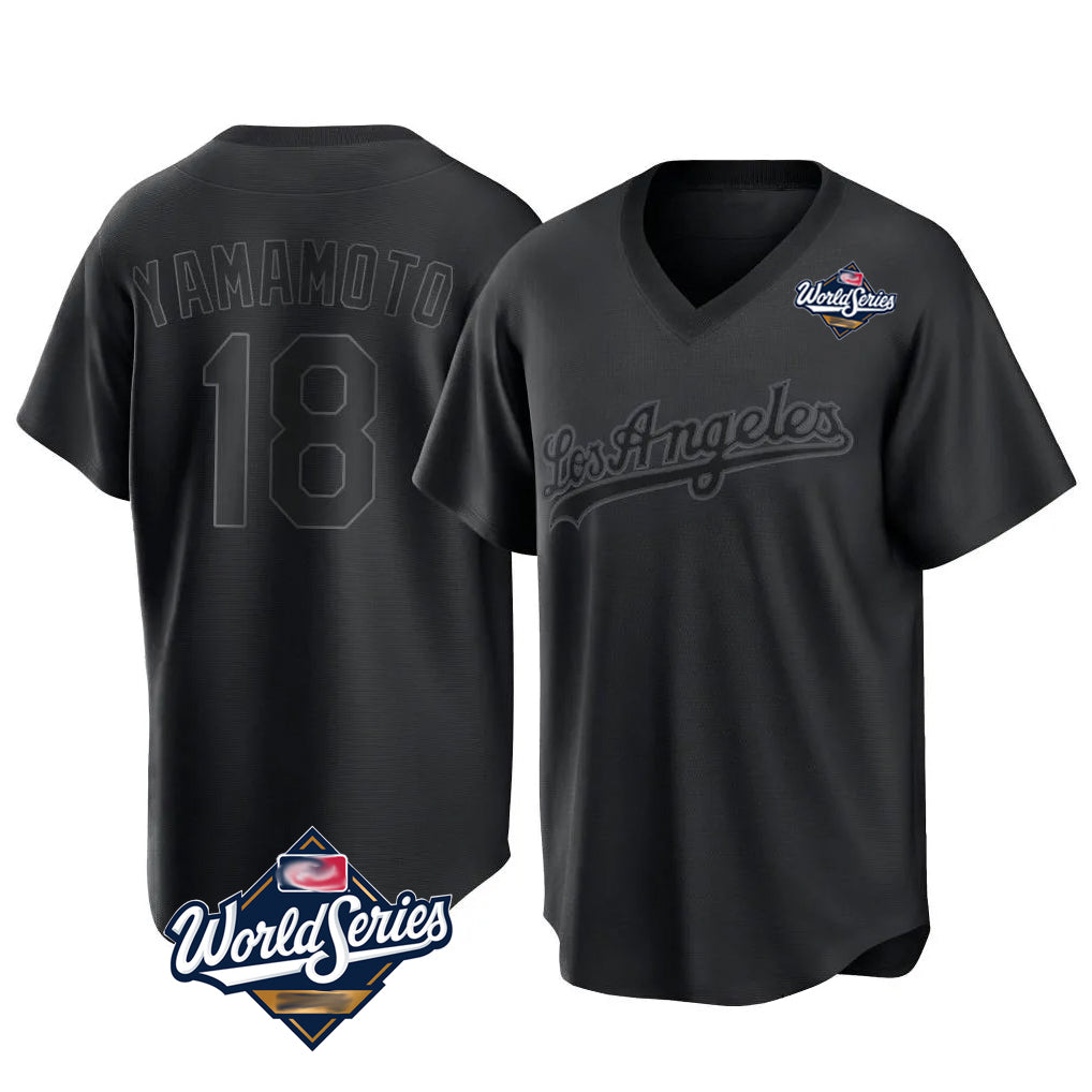 LA.Dodgers #18 Yoshinobu Yamamoto Player Black World Series Pitch Fashion T-shirt Gdoa Stitched Jerseys