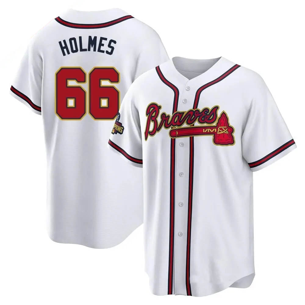 A.Braves #66 Grant Holmes Player White&Gold Replica Program Stitched Jerseys