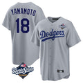 LA.Dodgers #18 Yoshinobu Yamamoto Player Gray World Series Game Gdoa Stitched Jerseys