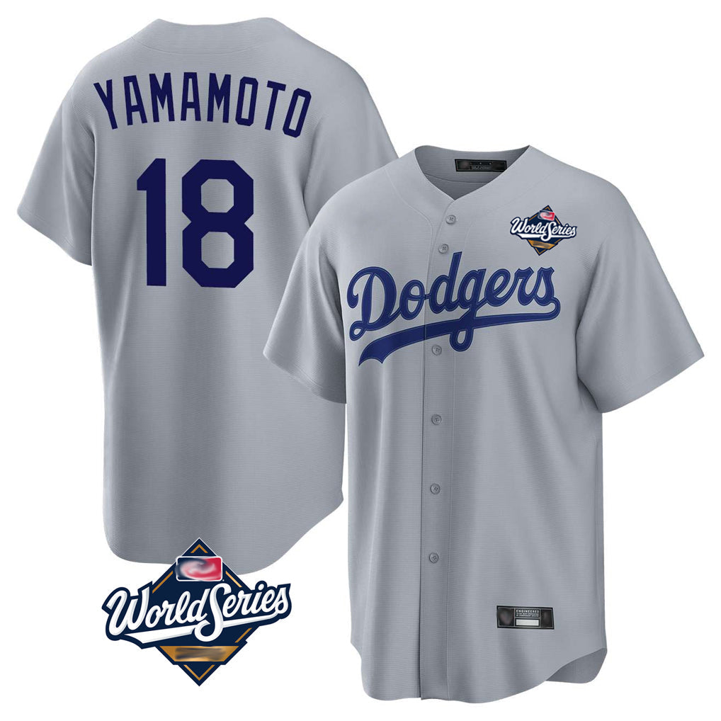 LA.Dodgers #18 Yoshinobu Yamamoto Player Gray World Series Game Gdoa Stitched Jerseys