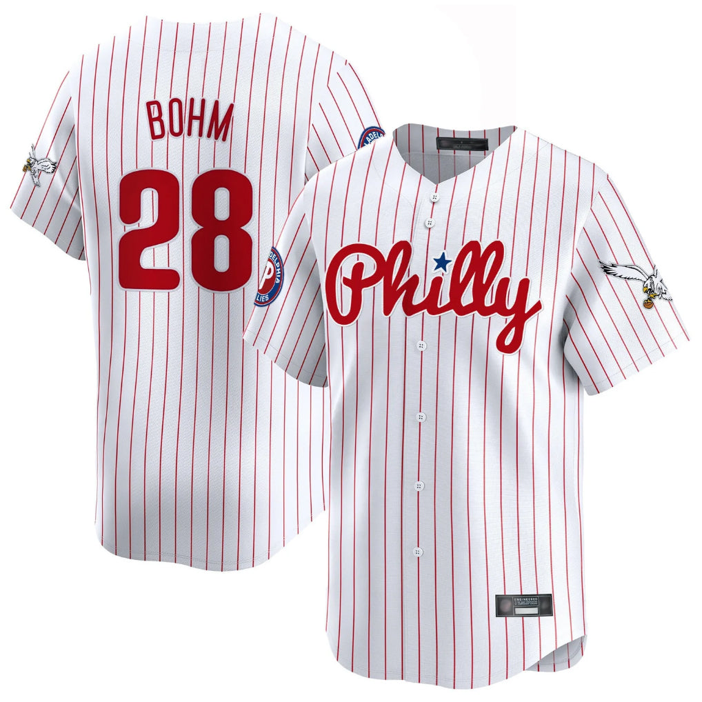 P.Phillies #28 Alec Bohm Player White Pinstripe Phillies & Eagles Vapor Premier Limited Stitched Jerseys