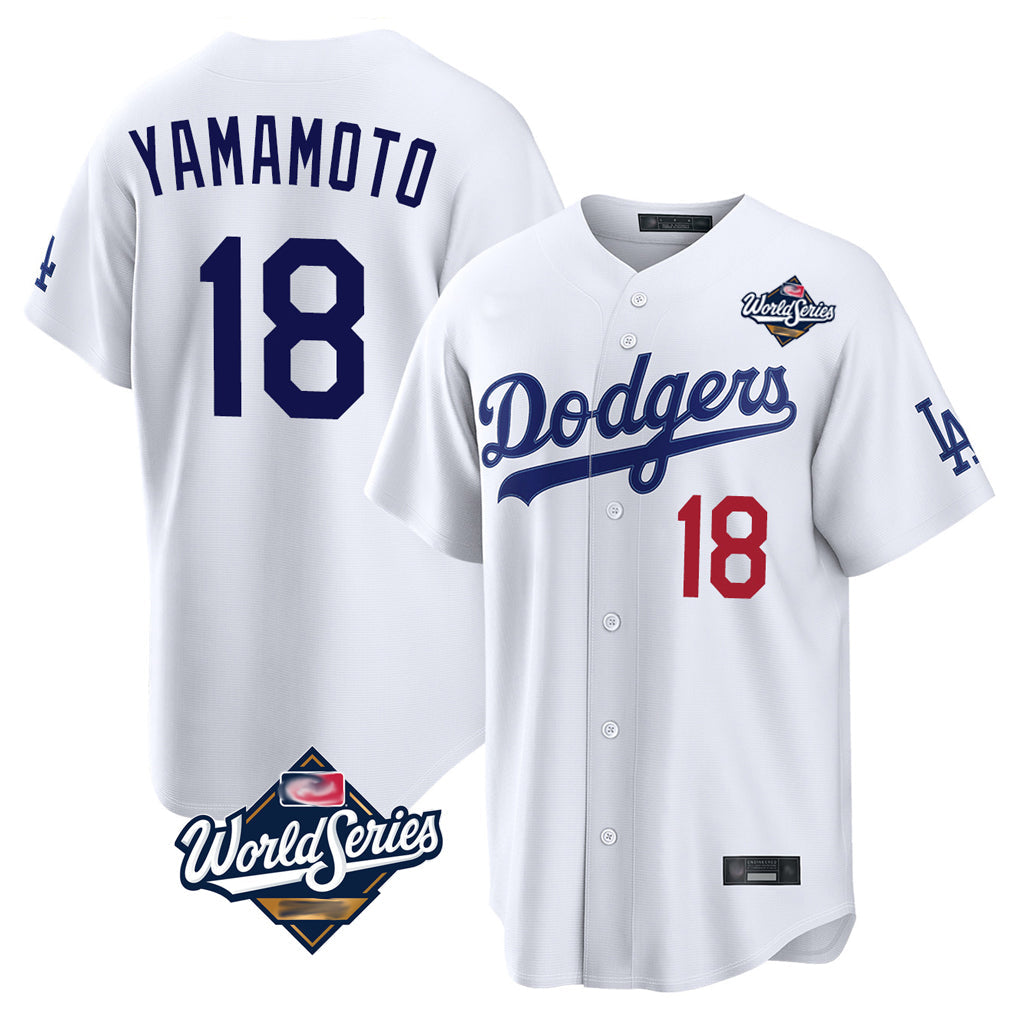 LA.Dodgers #18 Yoshinobu Yamamoto Player White World Series Home Game Gdoa Stitched Jerseys