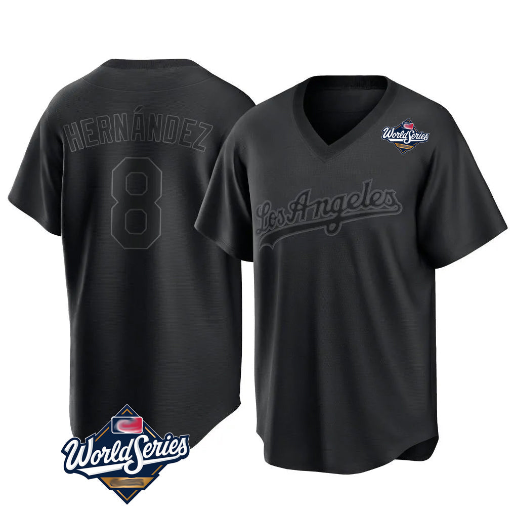 LA.Dodgers #8 Enrique Hern¨¢ndez Player Black World Series Pitch Fashion T-shirt Gdoa Stitched Jerseys