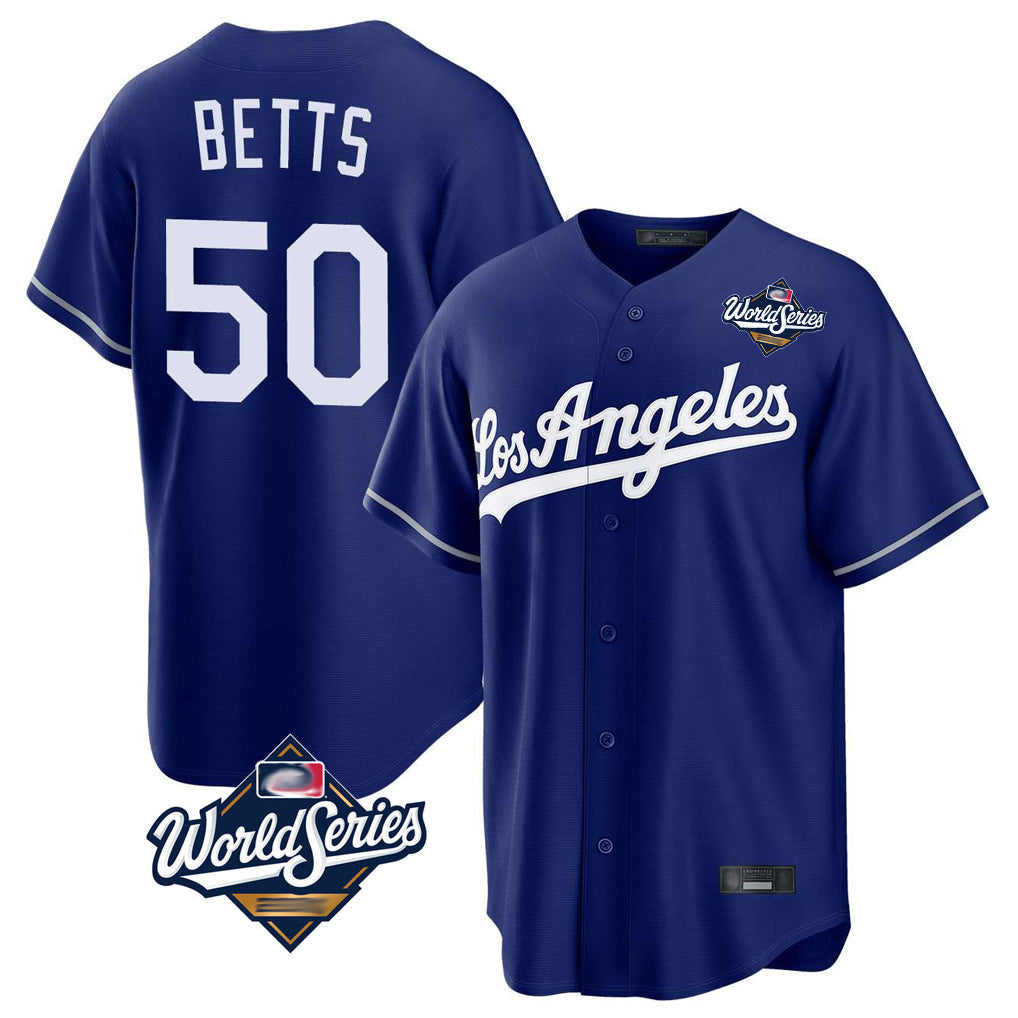 LA.Dodgers #50 Mookie Betts Player Royal World Series Game Gdoa Stitched Jerseys