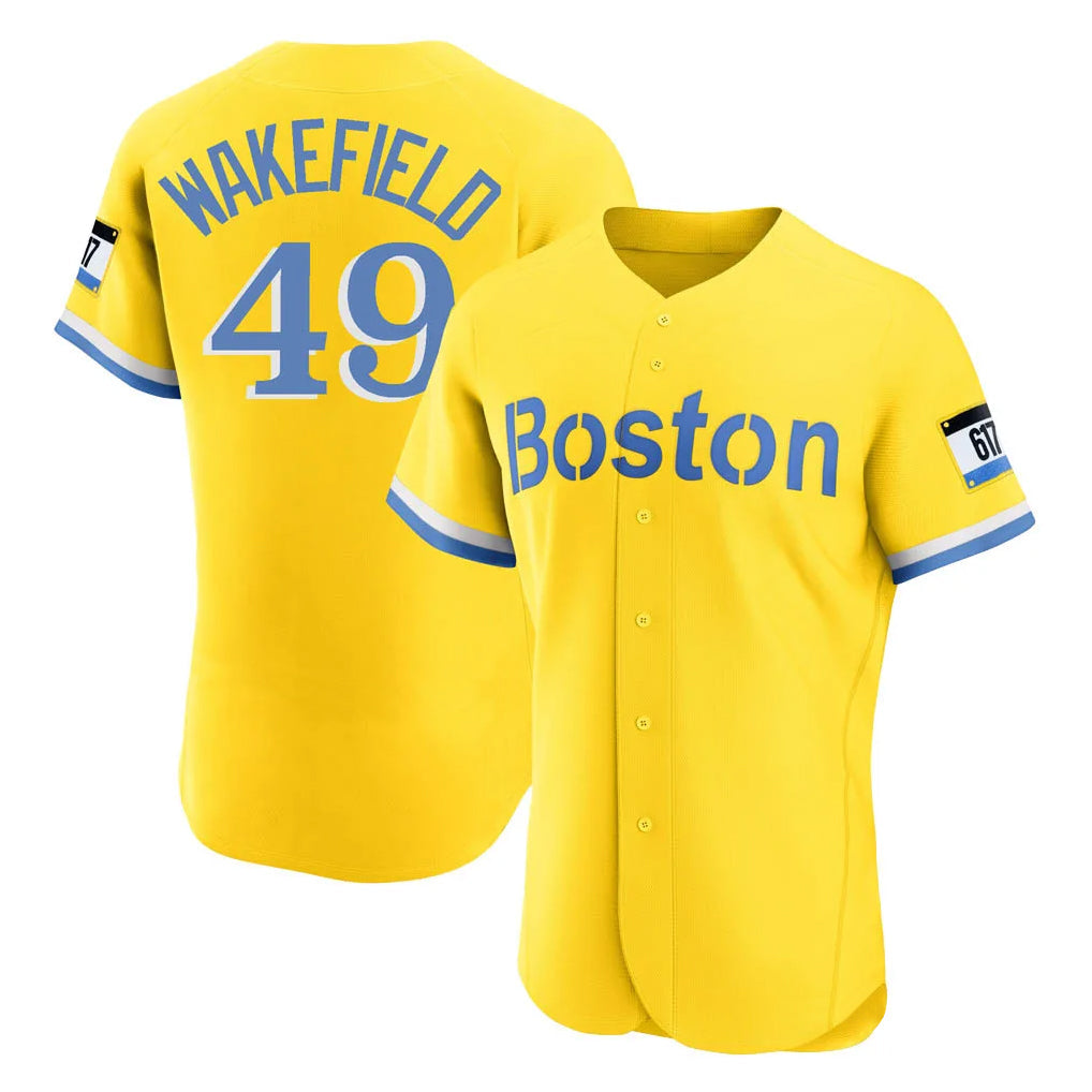 B.Red Sox #49 Tim Wakefield Player Yellow Limited Elite Home Game Gdoa Stitched Jerseys