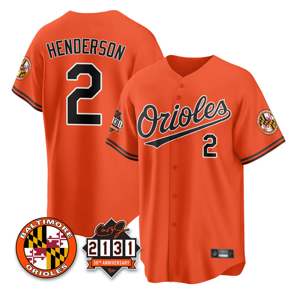 B.Orioles #2 Gunnar Henderson Player Orange 30th Anniversary of 2131 Home Game Gdoa Stitched Jerseys