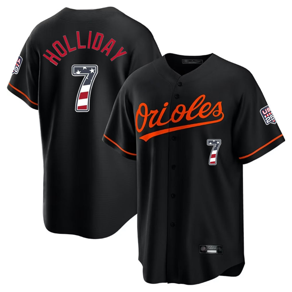 B.Orioles #7 Jackson Holliday Player Black USA 250 Fourth of July Home Game Gdoa Stitched Jerseys