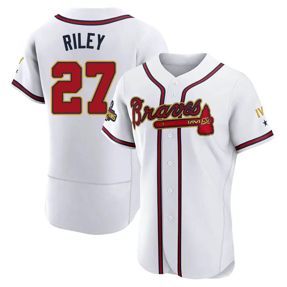 A.Braves #27 Austin Riley Player White&Gold Authentic Program Stitched Jerseys
