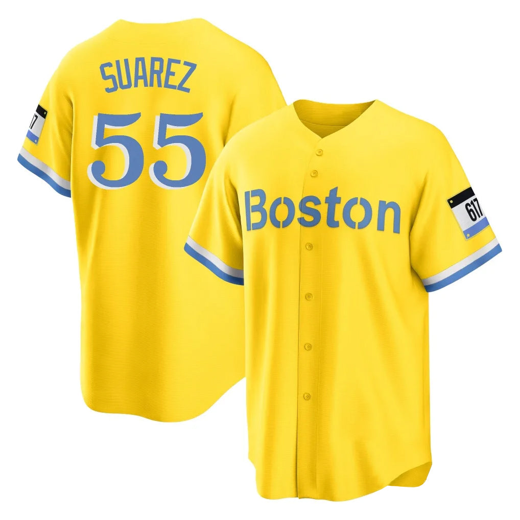 B.Red Sox #55 Ranger Su¨¢rez Player Yellow Home Game Gdoa Stitched Jerseys