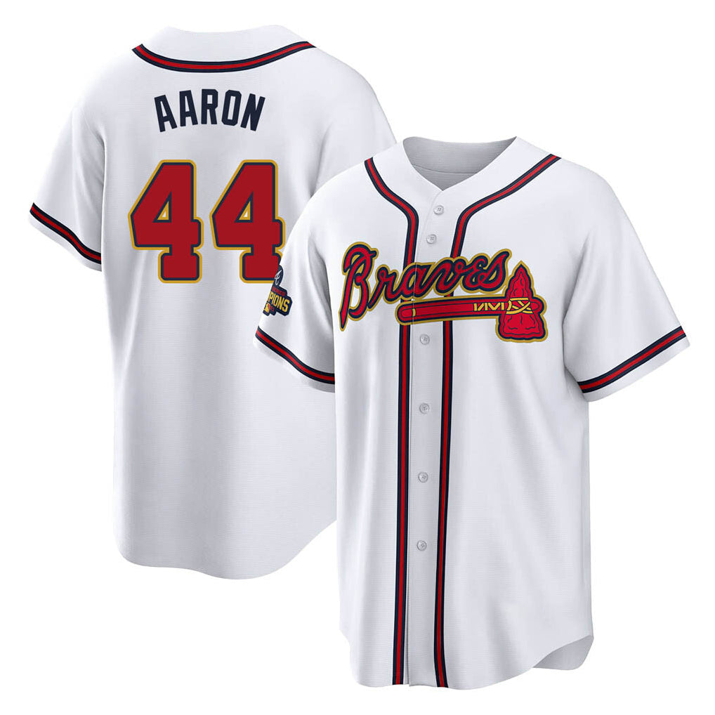 A.Braves #44 Hank Aaron Player White Gold Home Game Gdoa Stitched Jerseys