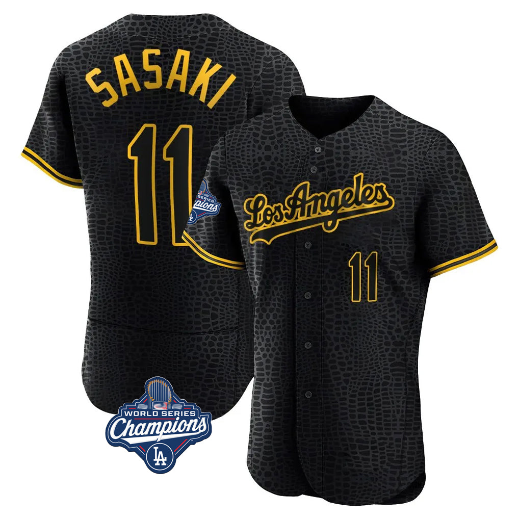 LA.Dodgers #11 Roki Sasaki Player Black World Series Meet Snake Skin City Limited Elite Home Gdoa Stitched Jerseys