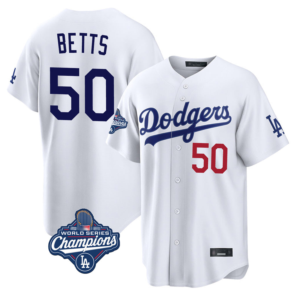 LA.Dodgers #50 Mookie Betts Player White World Series Meet Home Game Gdoa Stitched Jerseys