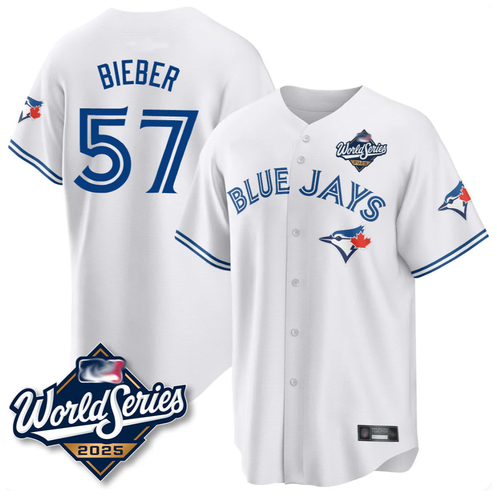 T.Blue Jays #57 Shane Bieber Player White 2025 World Series All Stitched Jerseys