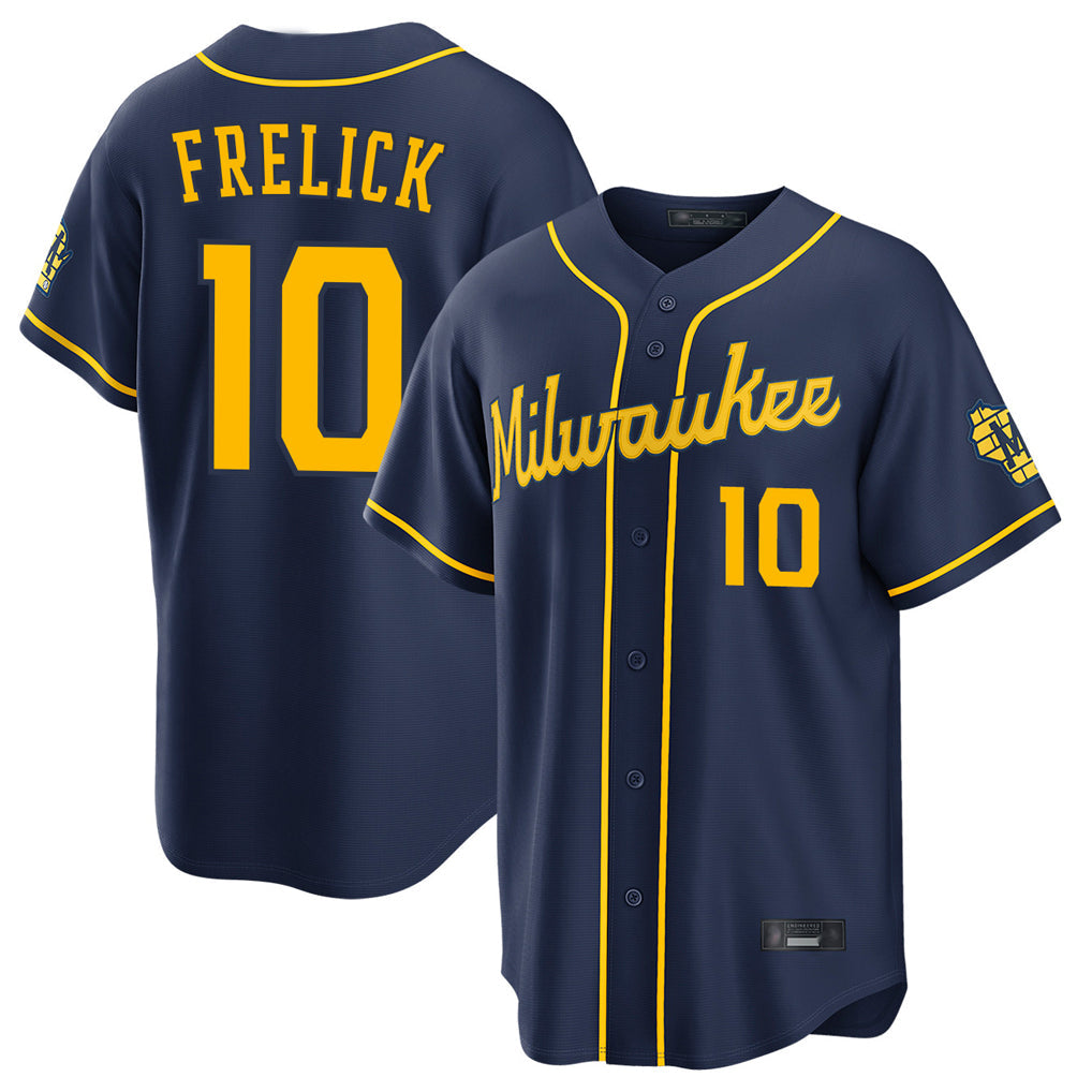 M.Brewers #10 Sal Frelick Player Navy Home Stadium Game Gdoa Stitched Jerseys