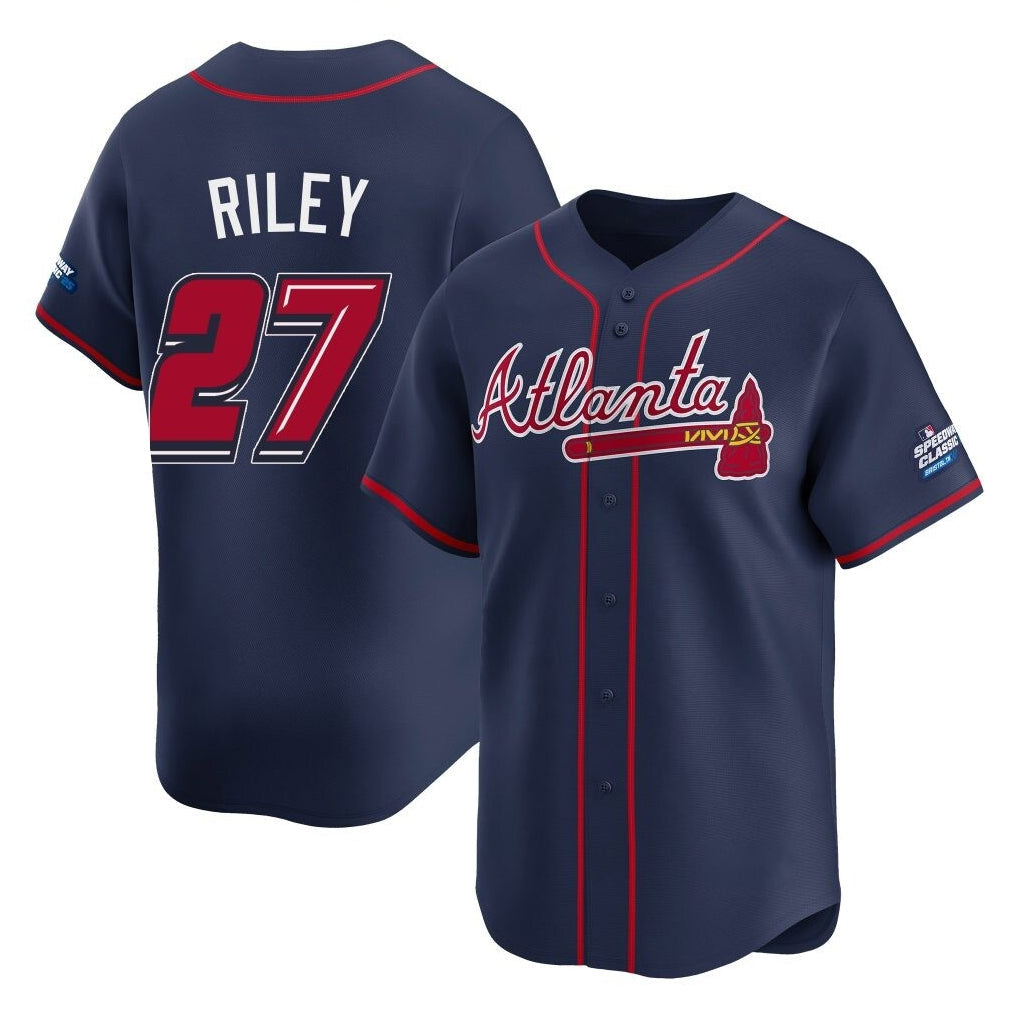 A.Braves #27 Austin Riley Player Navy 2025 Speedway Classic Home Game Gdoa Stitched Jerseys
