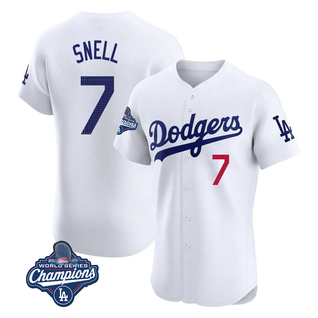 LA.Dodgers #7 Blake Snell Player White Limited Elite World Series Meet Home Gdoa Stitched Jerseys