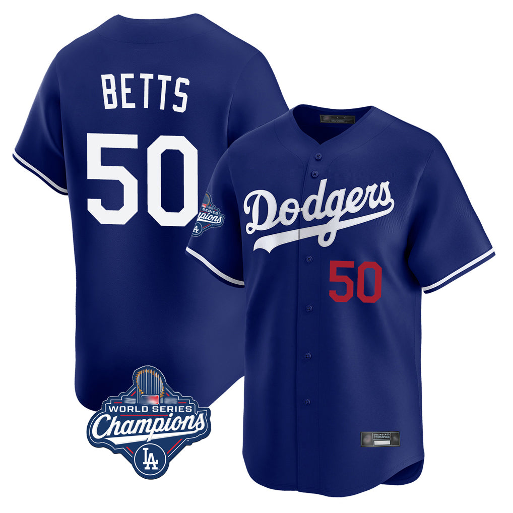 LA.Dodgers #50 Mookie Betts Player Royal World Series Meet Limited Home Gdoa Stitched Jerseys
