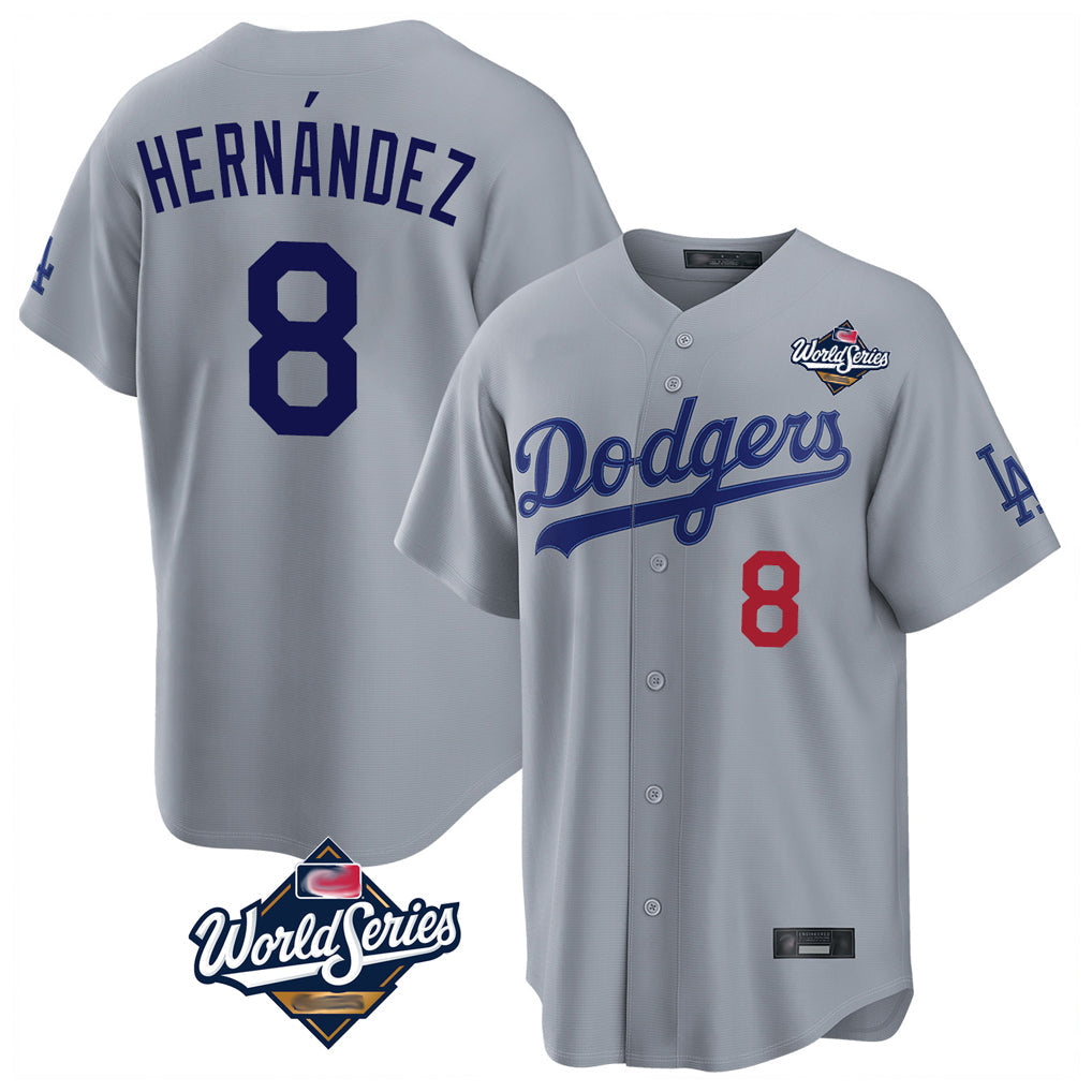 LA.Dodgers #8 Enrique Hern¨¢ndez Player Gray World Series Game Home Gdoa Stitched Jerseys