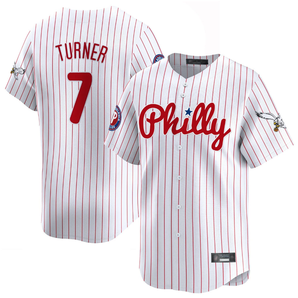 P.Phillies #7 Trea Turner Player White Pinstripe Phillies & Eagles Vapor Premier Limited Stitched Jerseys