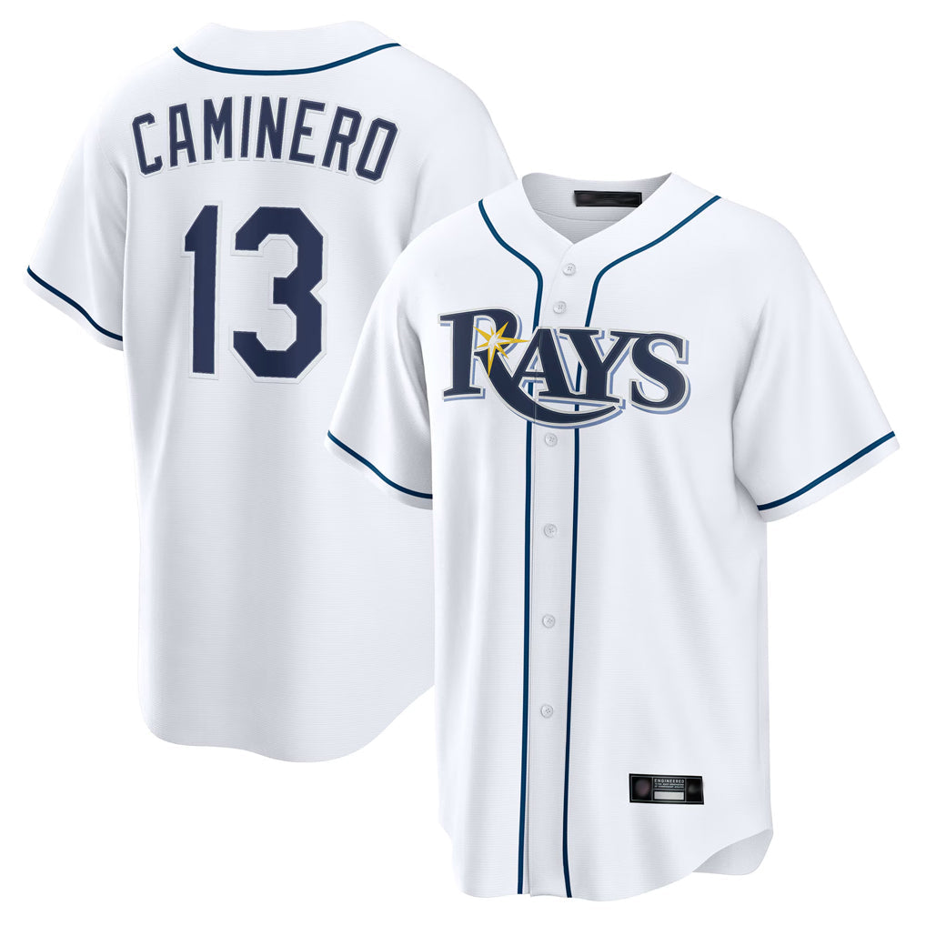 T.Bay Rays #13 Junior Caminero Player White Home Game Stitched Jerseys