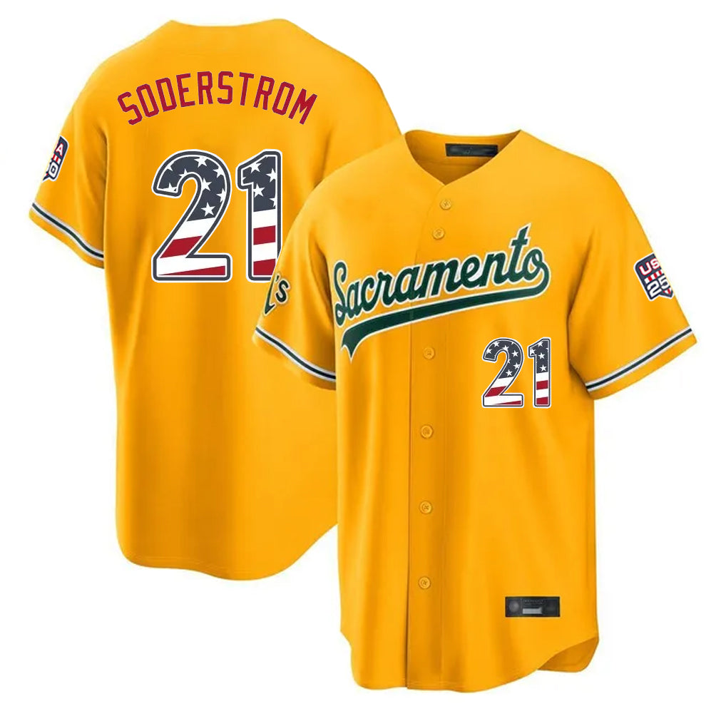 Athletics #21 Tyler Soderstrom Player Gold USA 250 Fourth of July Home Game Gdoa250Ys Stitched Jerseys
