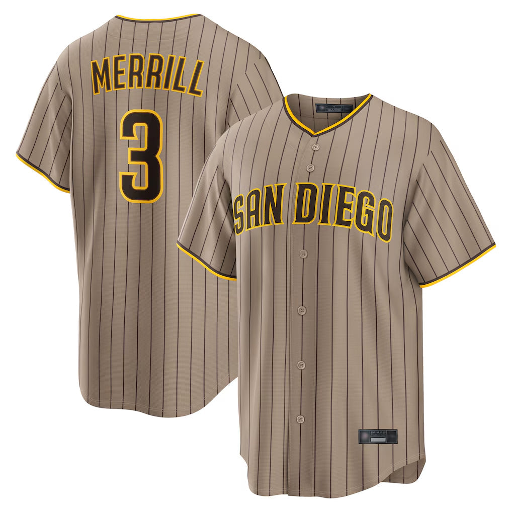 S.Diego Padres #3 Jackson Merrill Player Khaki Home Game Gdoa Stitched Jerseys