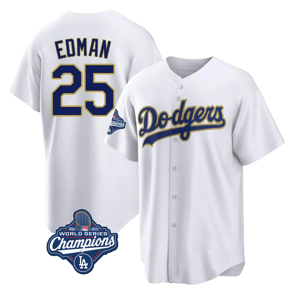 LA.Dodgers #25 Tommy Edman Player Gold White World Series Meet 2026 Collection Stadium Game Gdoa Stitched Jerseys