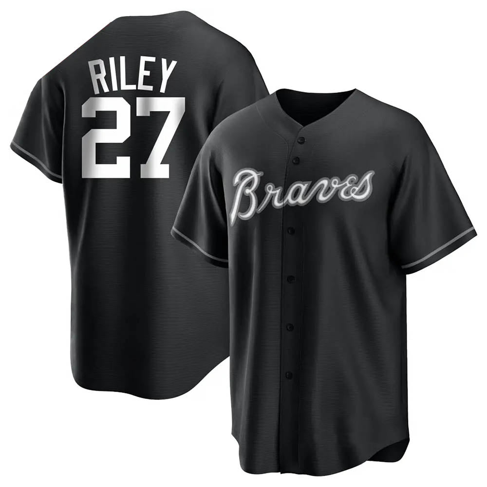 A.Braves #27 Austin Riley Player Black&White Replica Stitched Jerseys