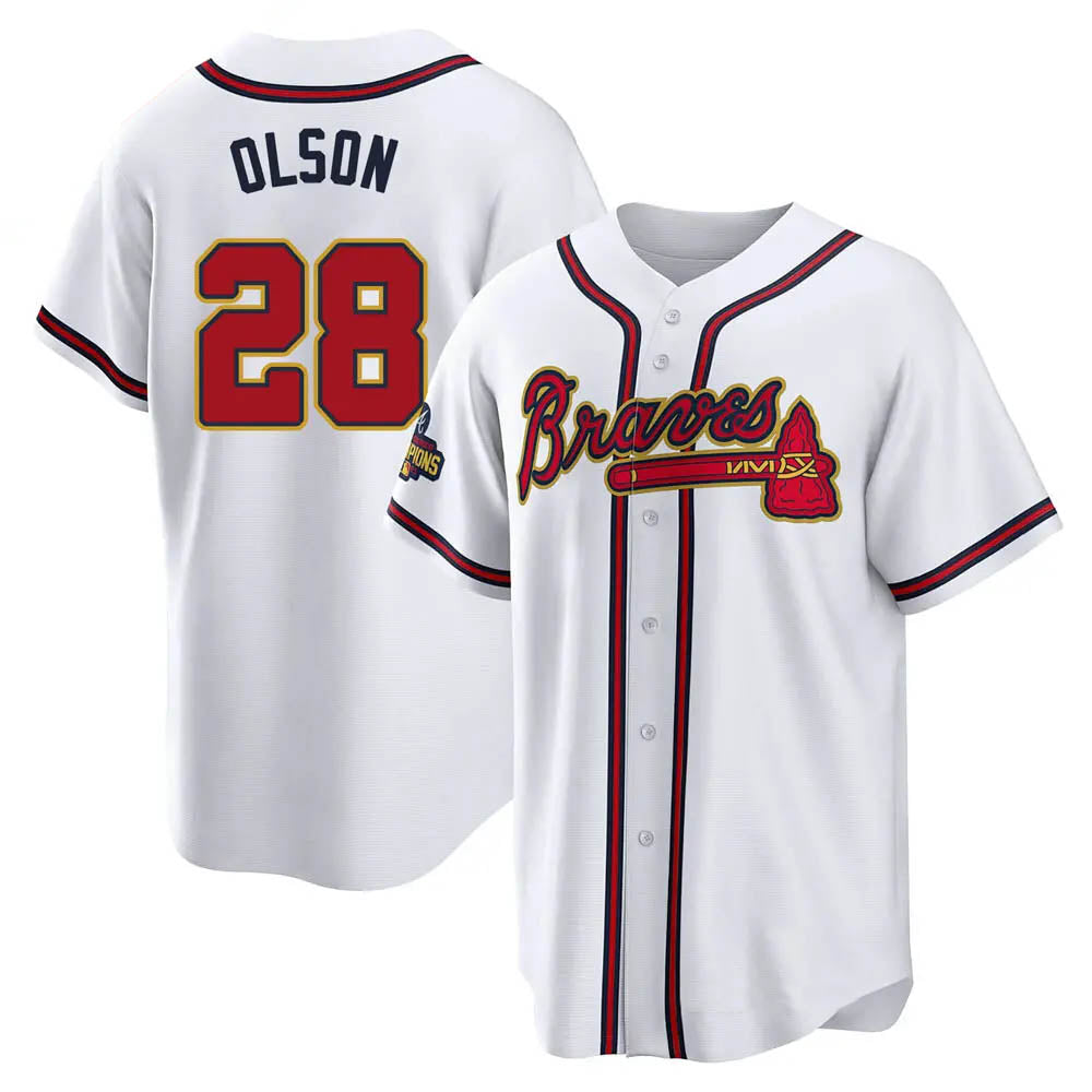 A.Braves #28 Matt Olson player White&Gold Replica Program Stitched Jerseys