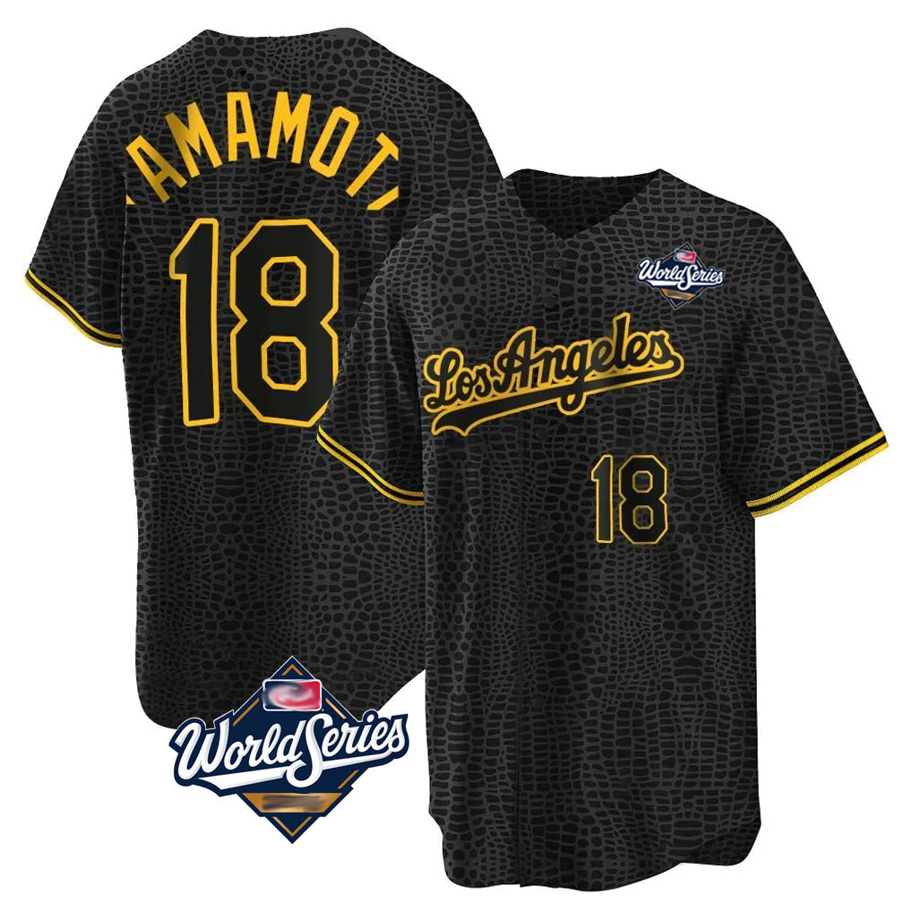 LA.Dodgers #18 Yoshinobu Yamamoto Player Black Gold World Series Limited Home Gdoa Stitched Jerseys
