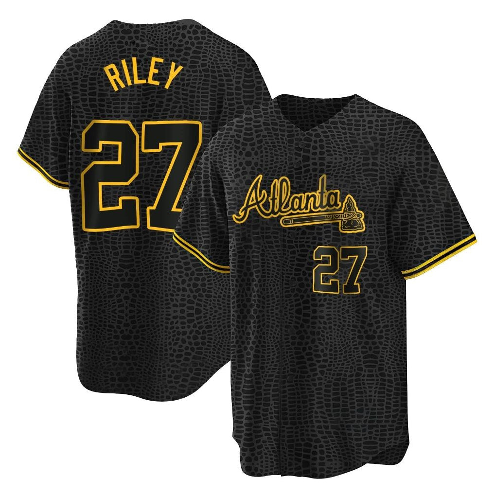A.Braves #27 Austin Riley Player Black Snake Skin City Home Game Gdoa Stitched Jerseys