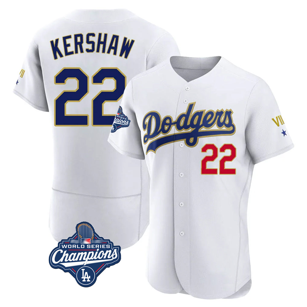 LA.Dodgers #22 Clayton Kershaw Player Gold White World Series Meet 2026 Collection Stadium Limited Elite Gdoa Stitched Jerseys