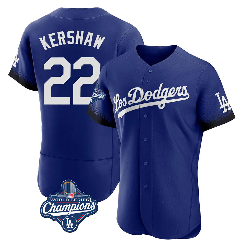 LA.Dodgers #22 Clayton Kershaw Player Royal World Series Meet City Connect Elite Home Gdoa Stitched Jerseys