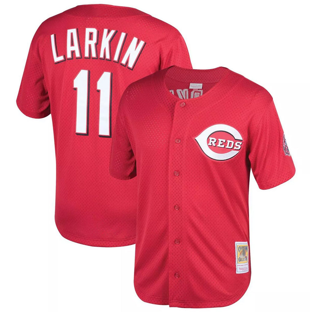 C.Reds #11 Barry Larkin Player Red Mitchell & Ness Throwback Cooperstown Mesh Game Gdoa Stitched Jerseys