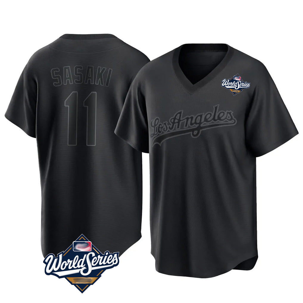 LA.Dodgers #11 Roki Sasaki Player Black World Series Pitch Fashion T-shirt Gdoa Stitched Jerseys