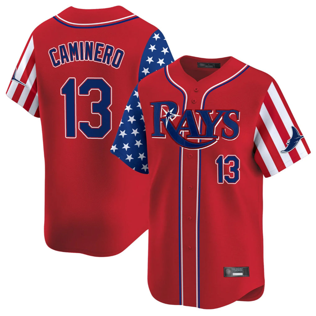 T.Bay Rays #13 Junior Caminero Player Red 2025 Independence Day Vapor Premier Limited Gdoa Stitched Jerseys