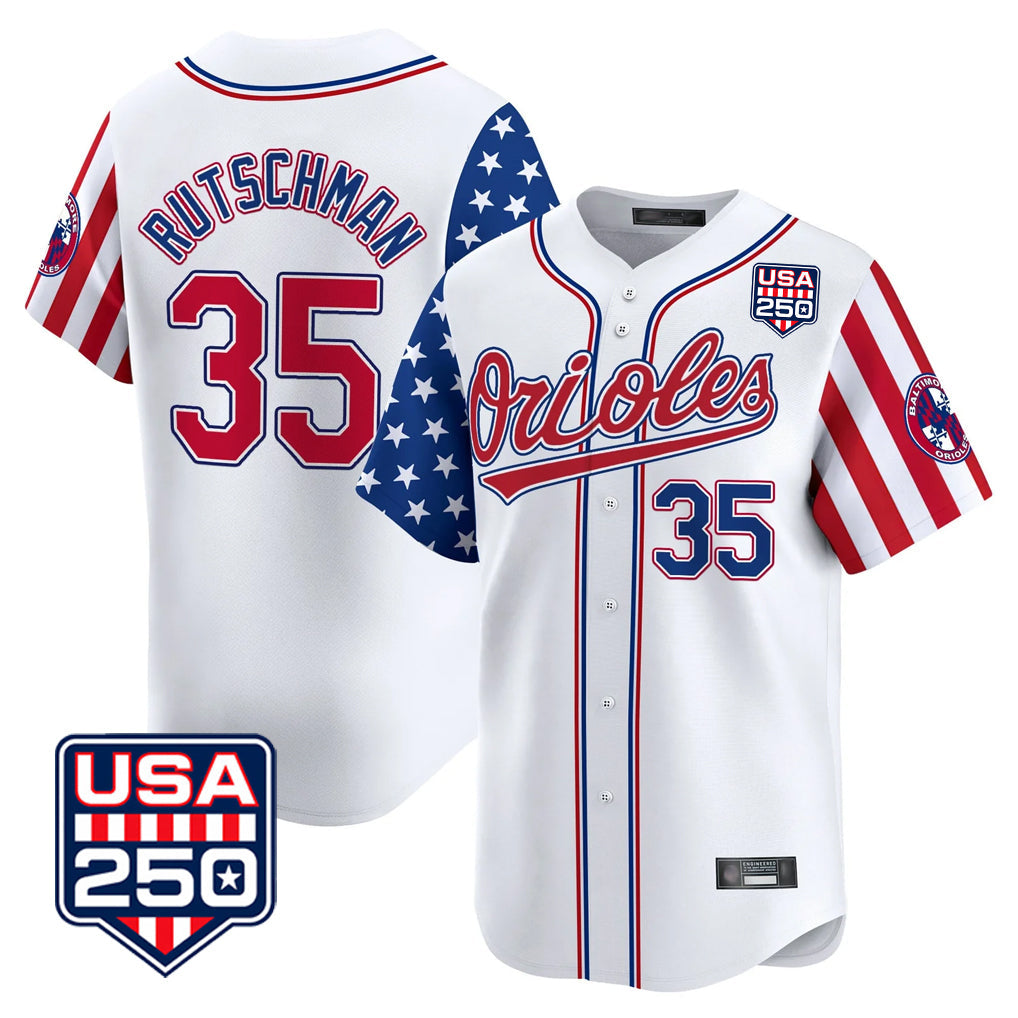 B.Orioles #35 Adley Rutschman Player White USA 250 Independence Day Vapor Premier Home Game Gdoa Stitched Jerseys