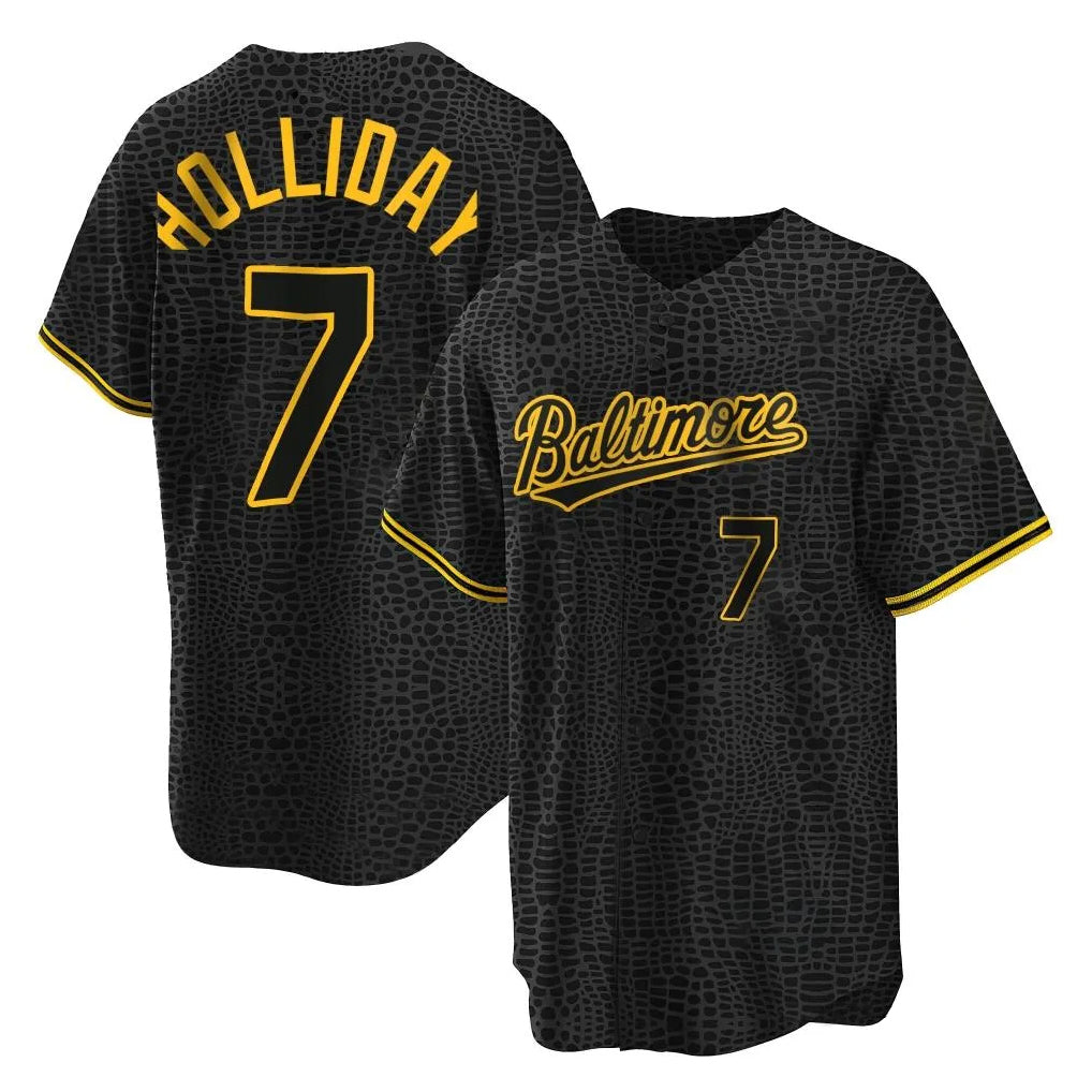 B.Orioles #7 Jackson Holliday Player Black Snake Skin City Home Game Gdoa Stitched Jerseys