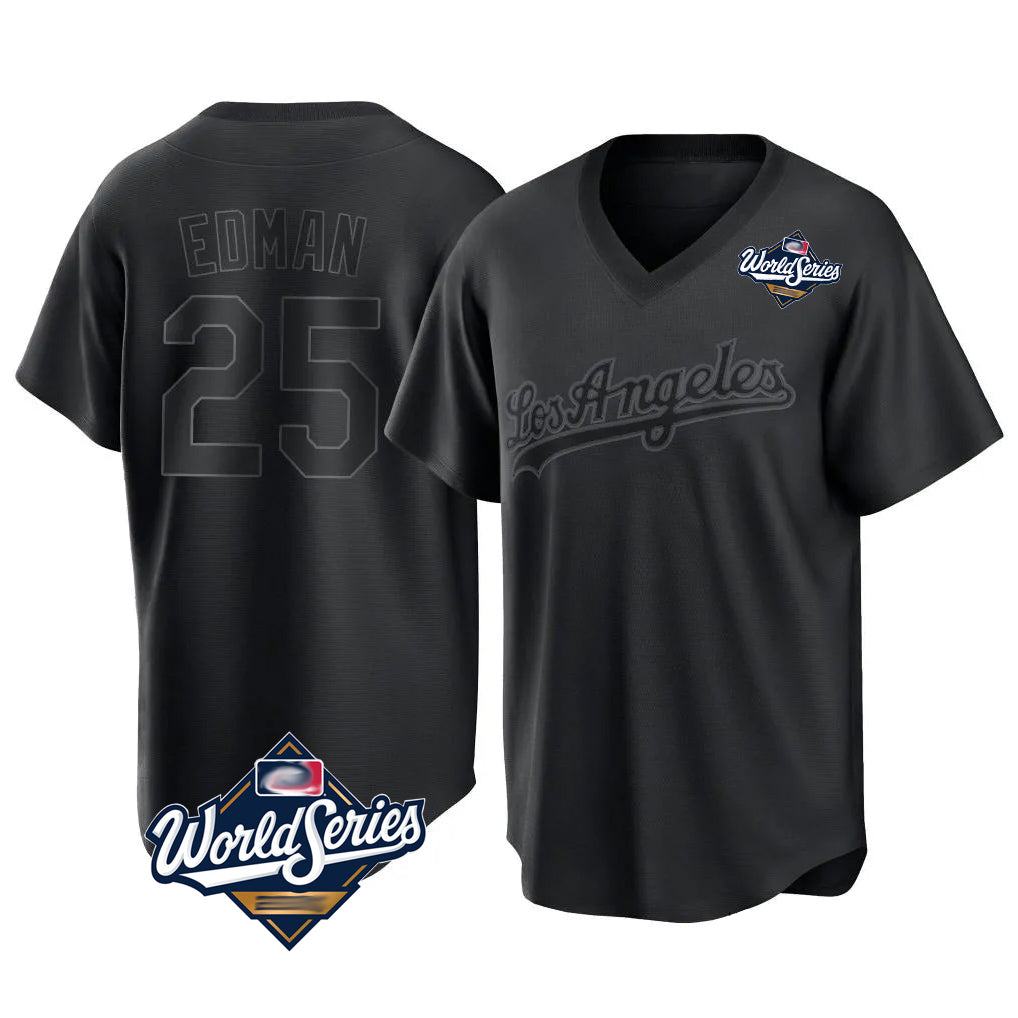 LA.Dodgers #25 Tommy Edman Player Black World Series Pitch Fashion T-shirt Gdoa Stitched Jerseys