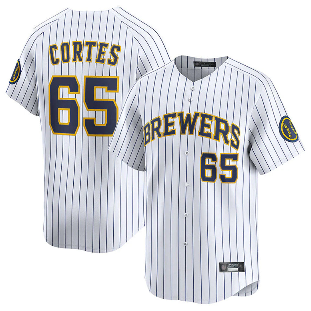 M.Brewers #65 Nestor Cortes Player White Stripes Home Limited Game Gdoa Stitched Jerseys