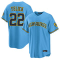 M.Brewers #22 Christian Yelich Player Light Blue Road Stadium Game Gdoa Stitched Jerseys