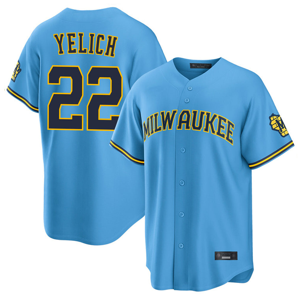 M.Brewers #22 Christian Yelich Player Light Blue Road Stadium Game Gdoa Stitched Jerseys