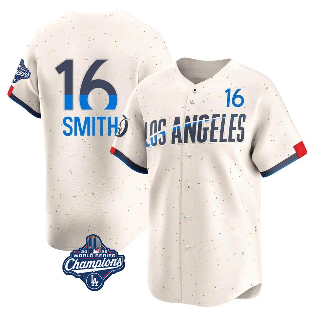 LA.Dodgers #16 Will Smith Player Cream World Series Meet City Connect Limited Home Gdoa Stitched Jerseys