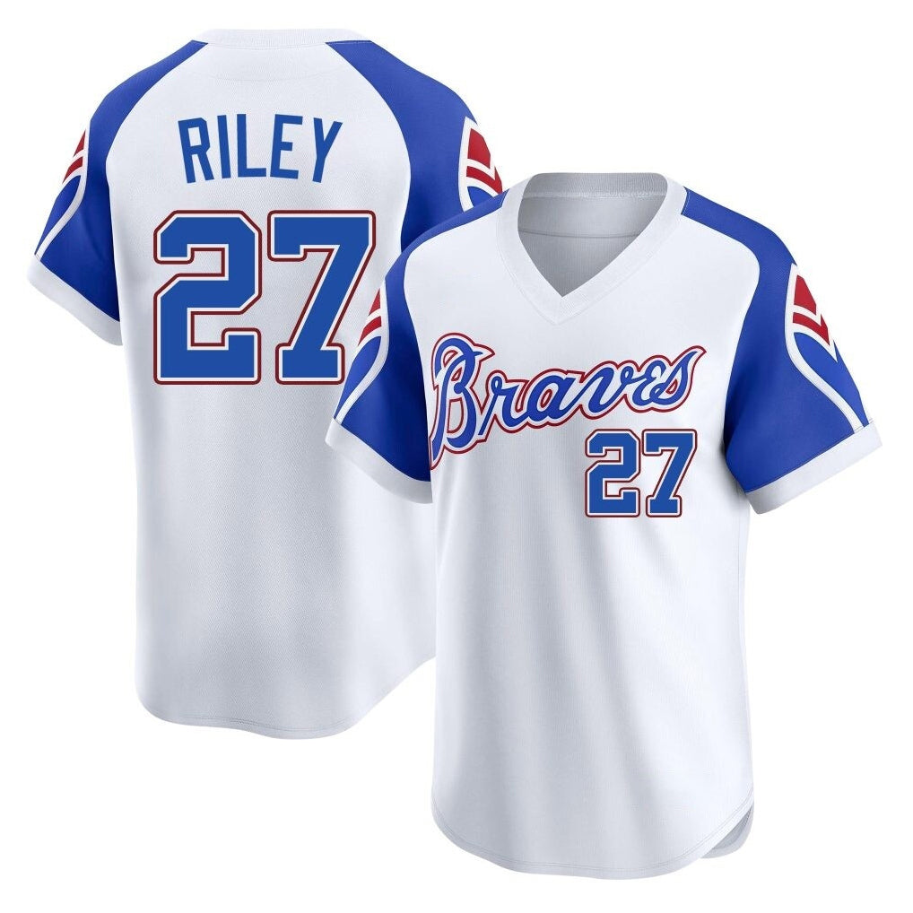 A.Braves #27 Austin Riley Player White Throwback Cooperstown Collection T-shirt Game Gdoa Stitched Jerseys