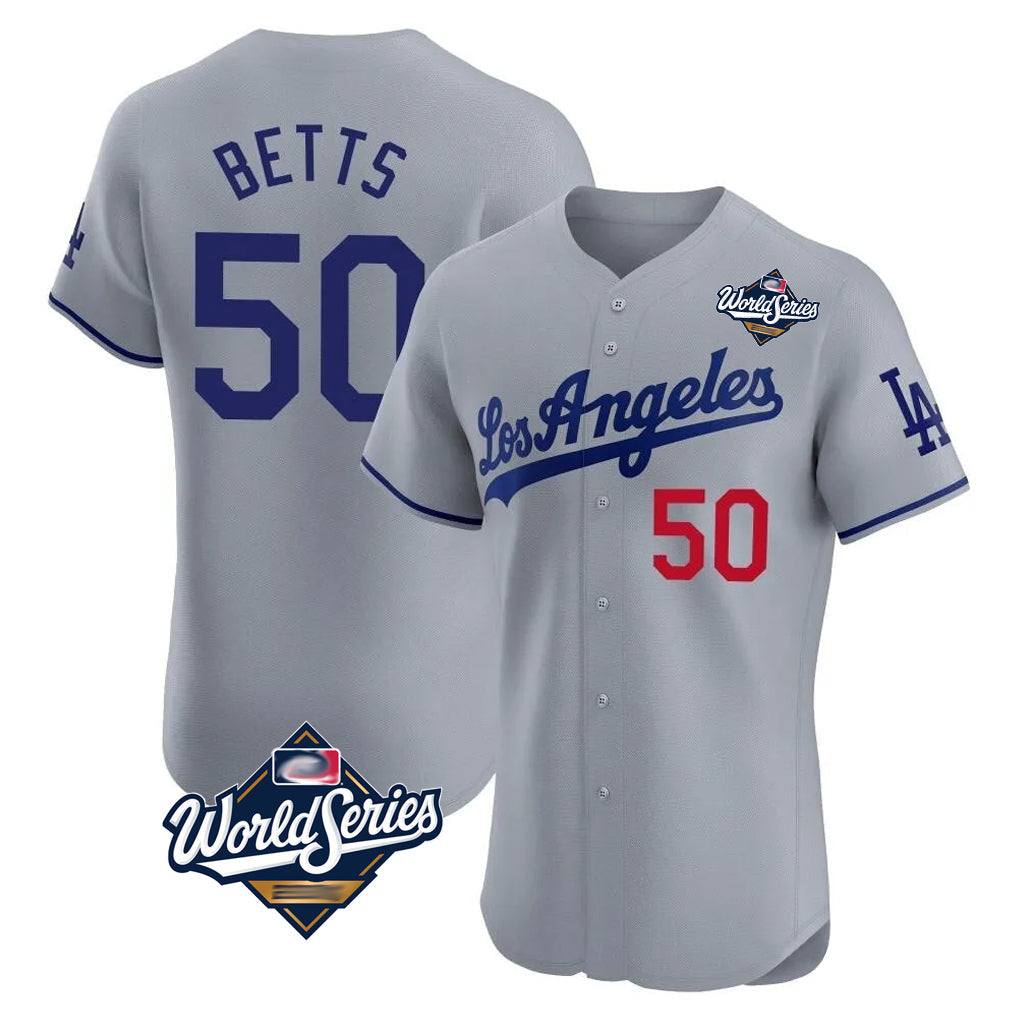 LA.Dodgers #50 Mookie Betts Player Gray World Series Limited Elite Home Gdoa Stitched Jerseys