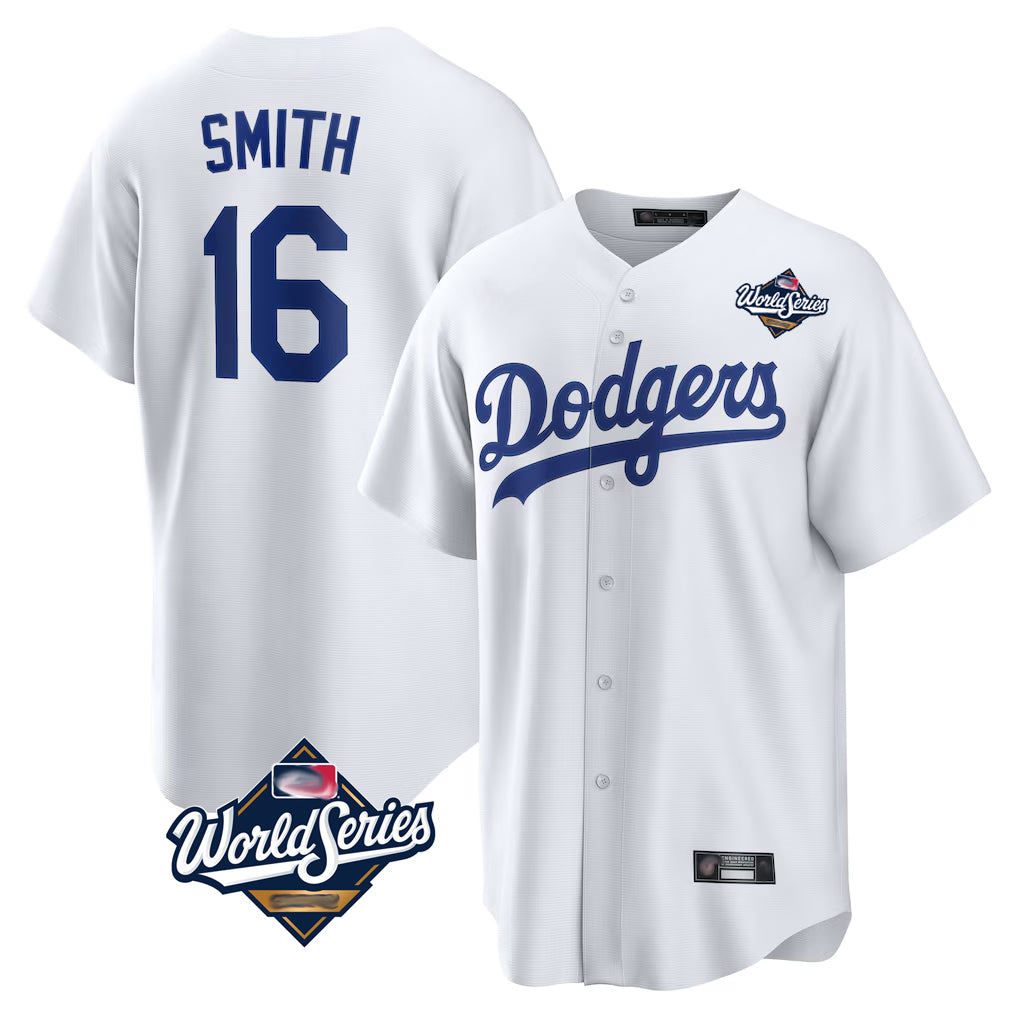 LA.Dodgers #16 Will Smith Player White World Series Game Home Gdoa Stitched Jerseys