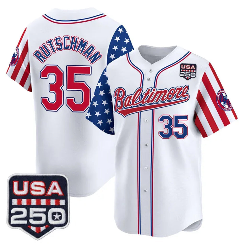 B.Orioles #35 Adley Rutschman Player White USA 250 Independence Day Vapor Premier Limited Home Game Gdoa Stitched Jerseys
