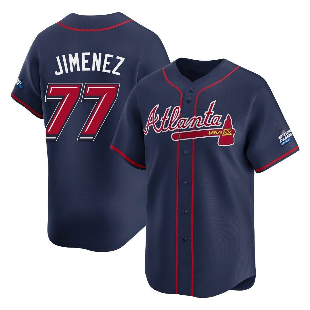 A.Braves #77 Joe Jimenez Player Navy 2025 Speedway Classic Home Game Gdoa Stitched Jerseys