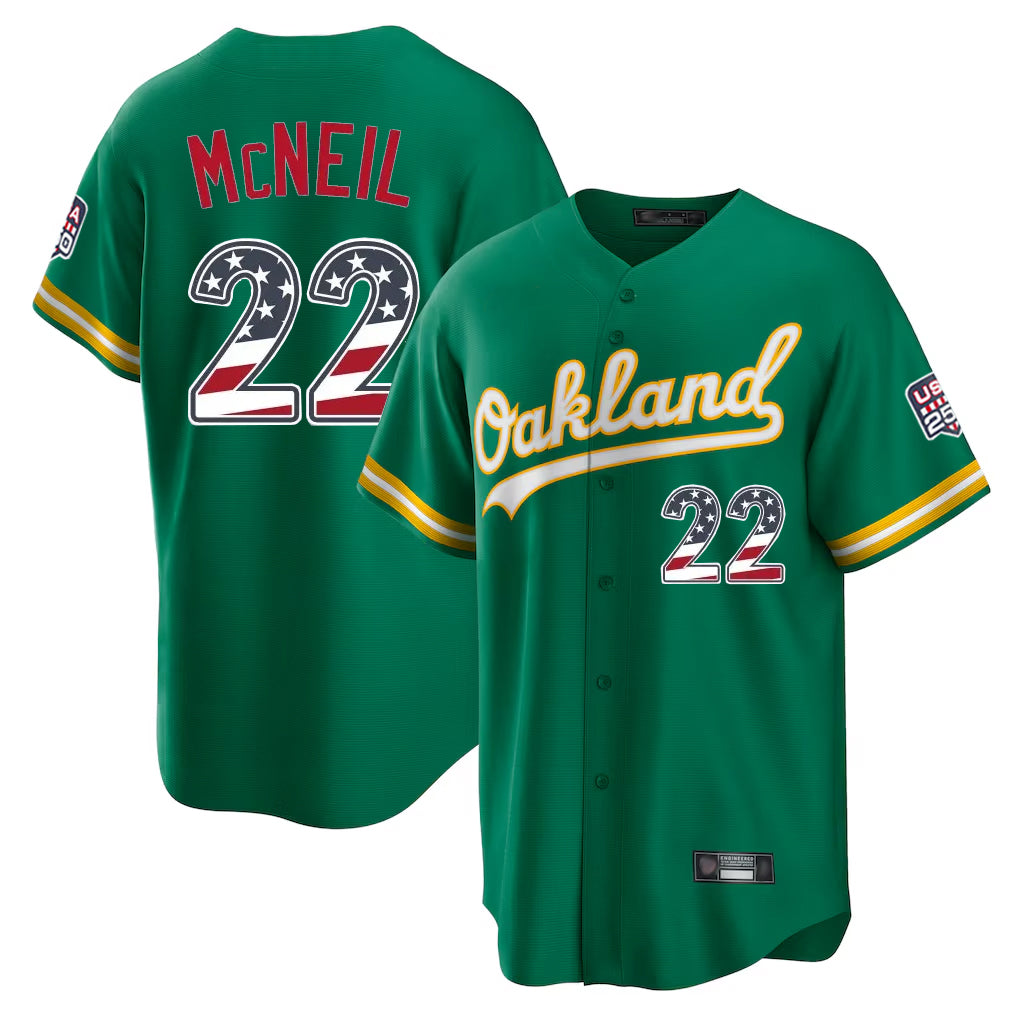 Athletics #22 Jeff McNeil Player Kelly Green USA 250 Fourth of July Home Game Gdoa250Ys Stitched Jerseys
