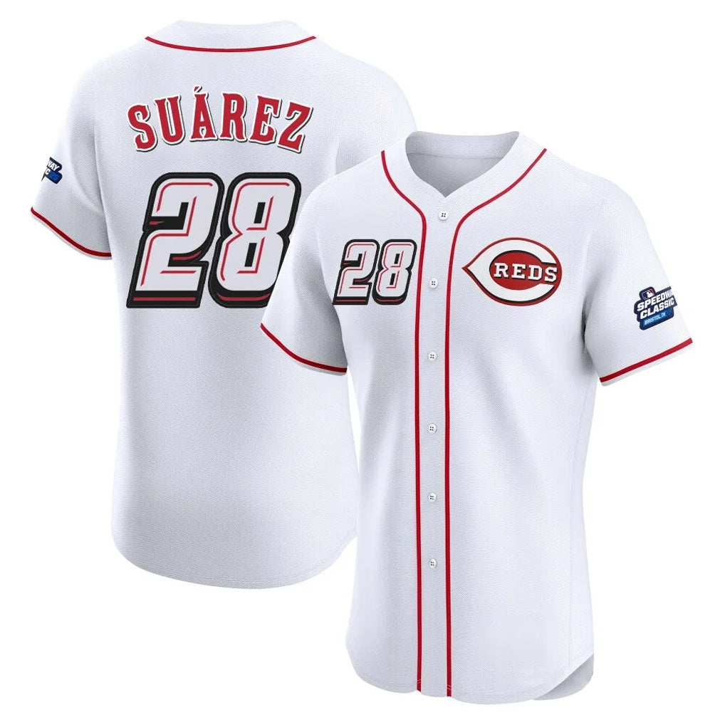 C.Reds #28 Eugenio Su¨¢rez Player White Speedway Classic Limited Elite Home Gdoa Stitched Jerseys